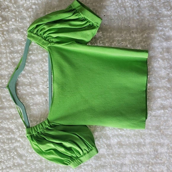 ZARA KNIT TOP WITH BALLOON SLEEVES neon green off the shoulder medium - Picture 7 of 11